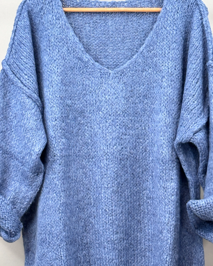 Pull oversize maille col en V bleu jean TU