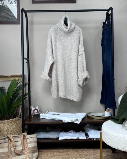 Pull oversize Laine et mohair col roulé beige TU