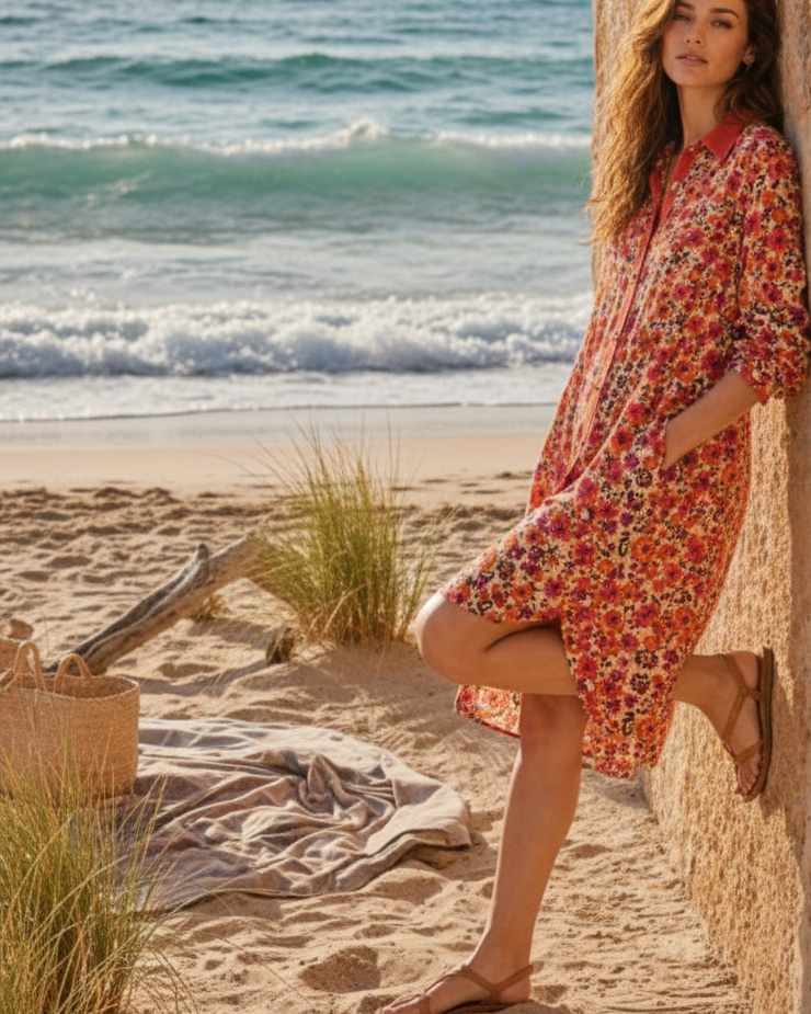 Robe Chemise Asymétrique Bohème – Motifs Floraux Terracotta & Fushia – Taille Unique