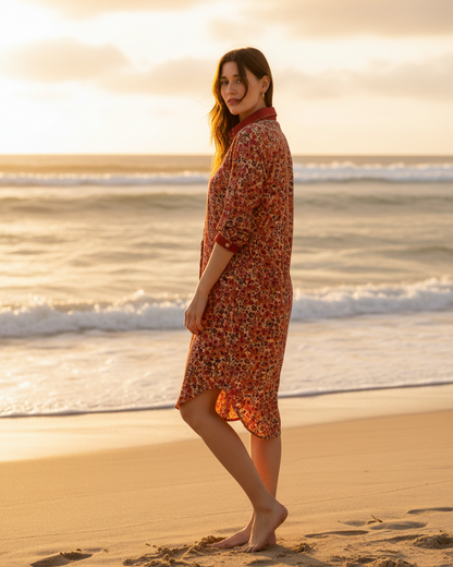 Robe Chemise Asymétrique Bohème – Motifs Floraux Terracotta & Fushia – Taille Unique dos
