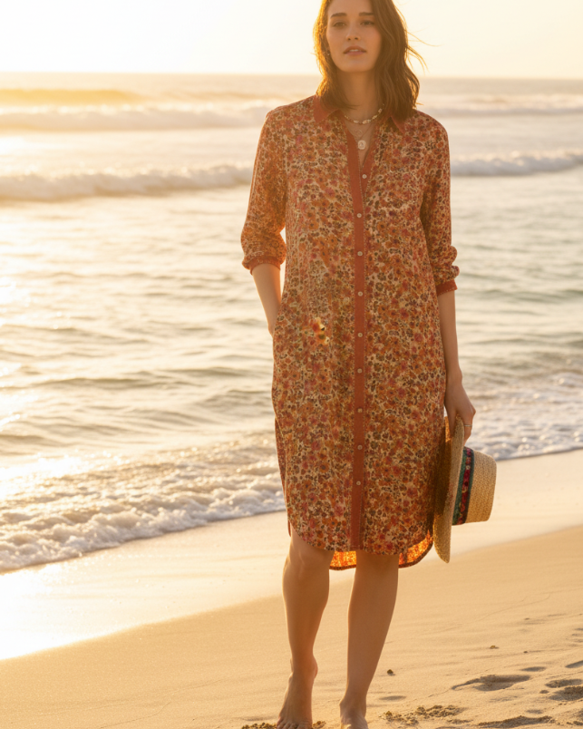 Robe Chemise Asymétrique Bohème – Motifs Floraux Terracotta & Fushia – Taille Unique face