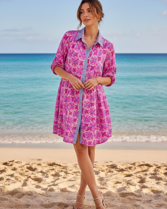 Robe Chemise Courte Bohème – Fleurs Fushia et Vert – Taille Unique