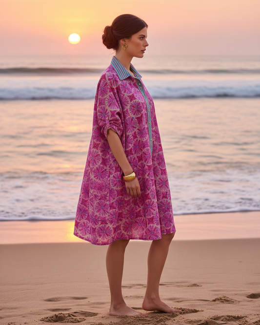 Robe Chemise Courte Bohème – Fleurs Fushia et Vert – Taille Unique set