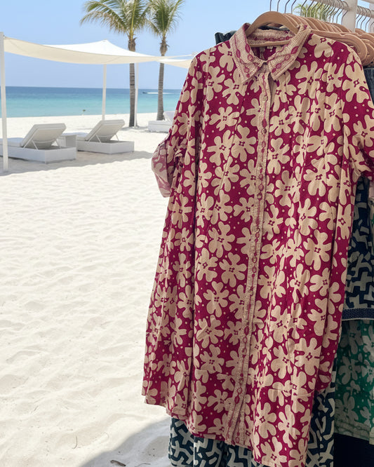 Robe Chemise Courte en Coton Imprimé Bohème – Fleurs & Rose Fushia - Orice