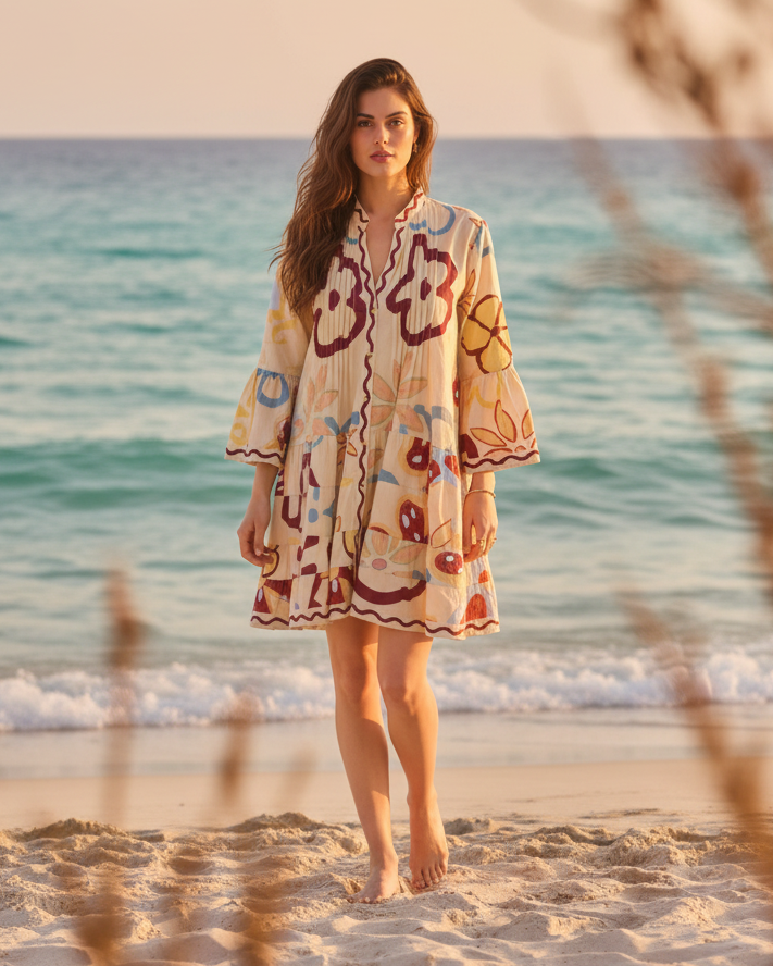 Robe Courte Beige en Coton – Motifs grosses fleurs Batik – Taille Unique