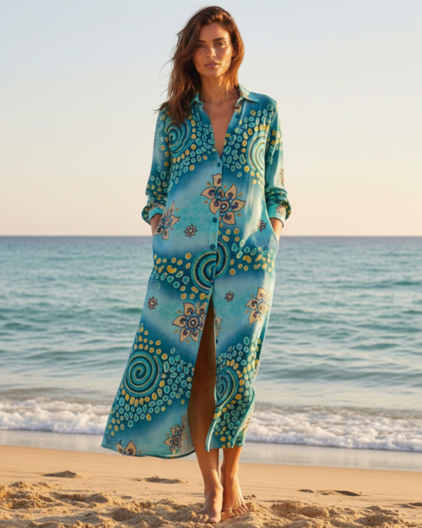 Robe Longue Chemise en Soie floraux aquatique bleu & doré – Taille Unique