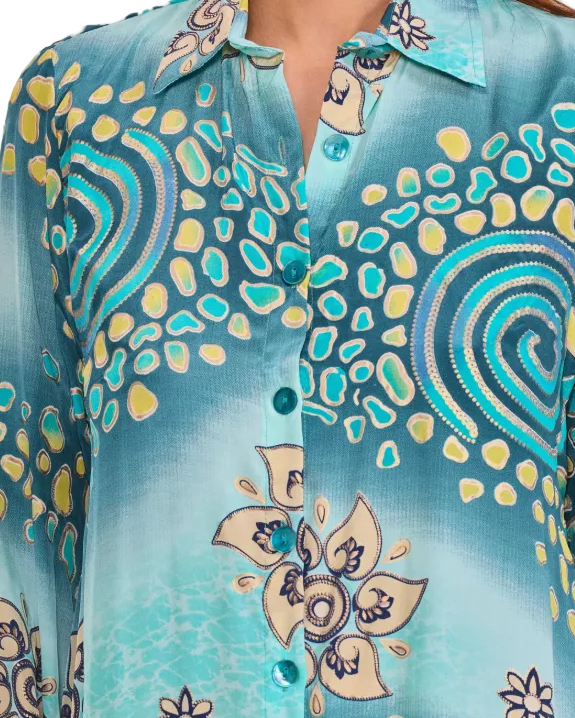 Robe Longue Chemise en Soie floraux aquatique bleu & doré – Taille Unique zoom