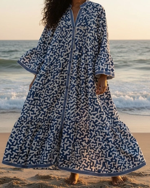 Robe Longue à Coupe Ample – Imprimé Graphique – Col Tunisien marine et blanc