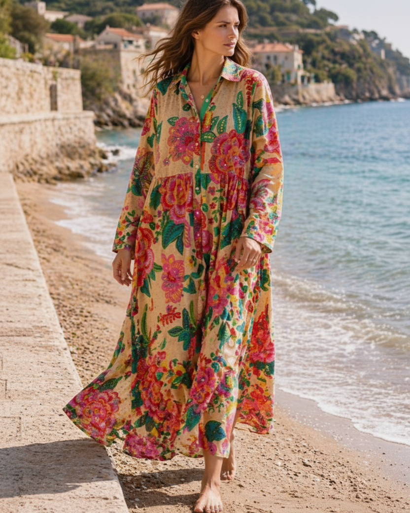 Robe chemise bohème brodée à manches longues 