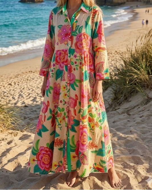 Robe chemise bohème brodée à manches longues colorée
