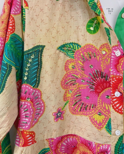 Robe chemise bohème brodée à manches longues colorée zoom