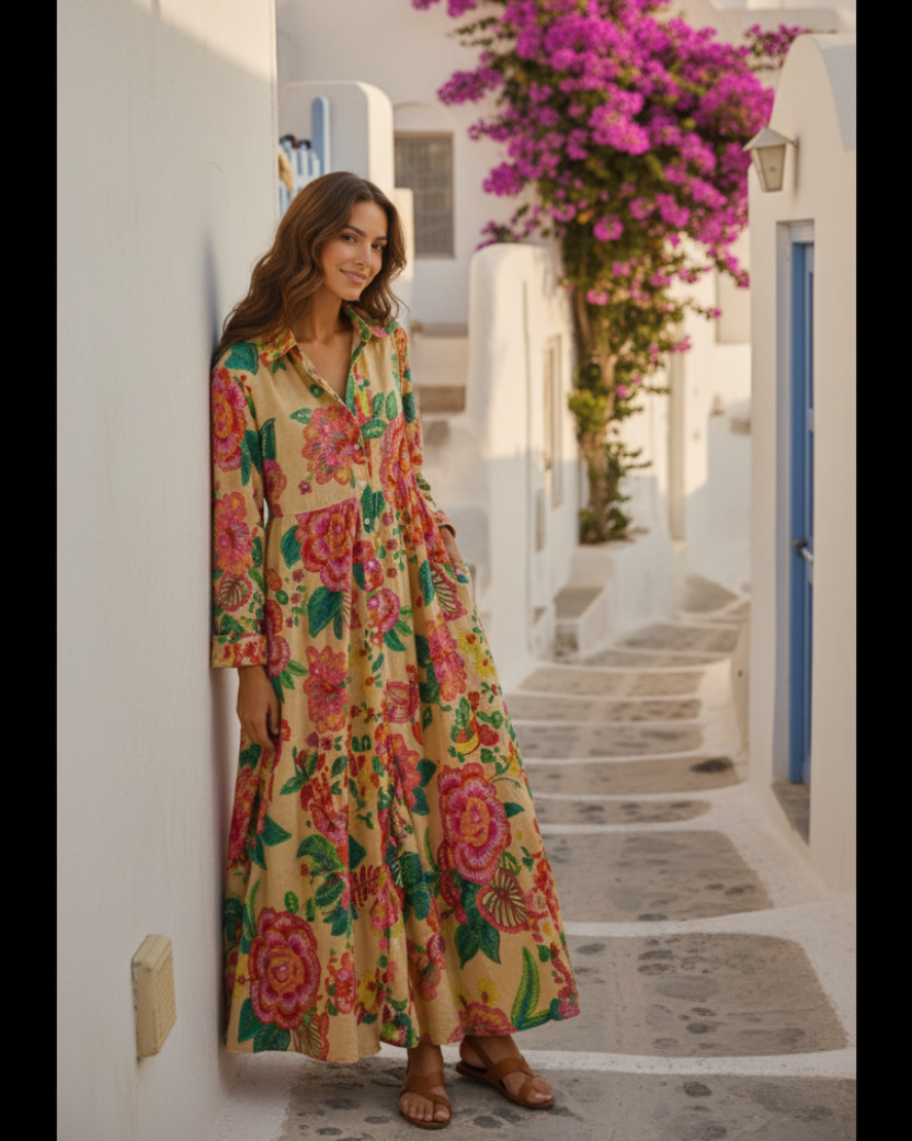 Robe chemise bohème brodée à manches longues multicolore