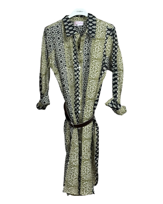 Robe chemise coton noire beige motifs géométriques