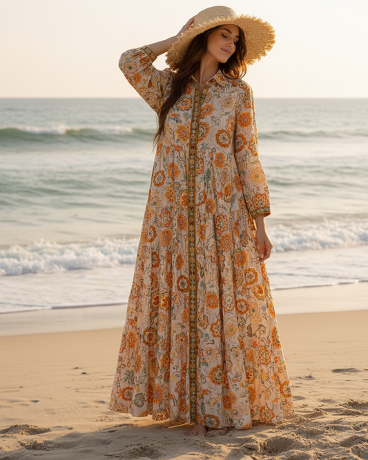 Robe chemise longue bohème en coton dobby imprimé floral beige vert TU