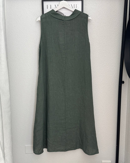 Robe en lin kaki évasée asymétrique col bénitier TU dos