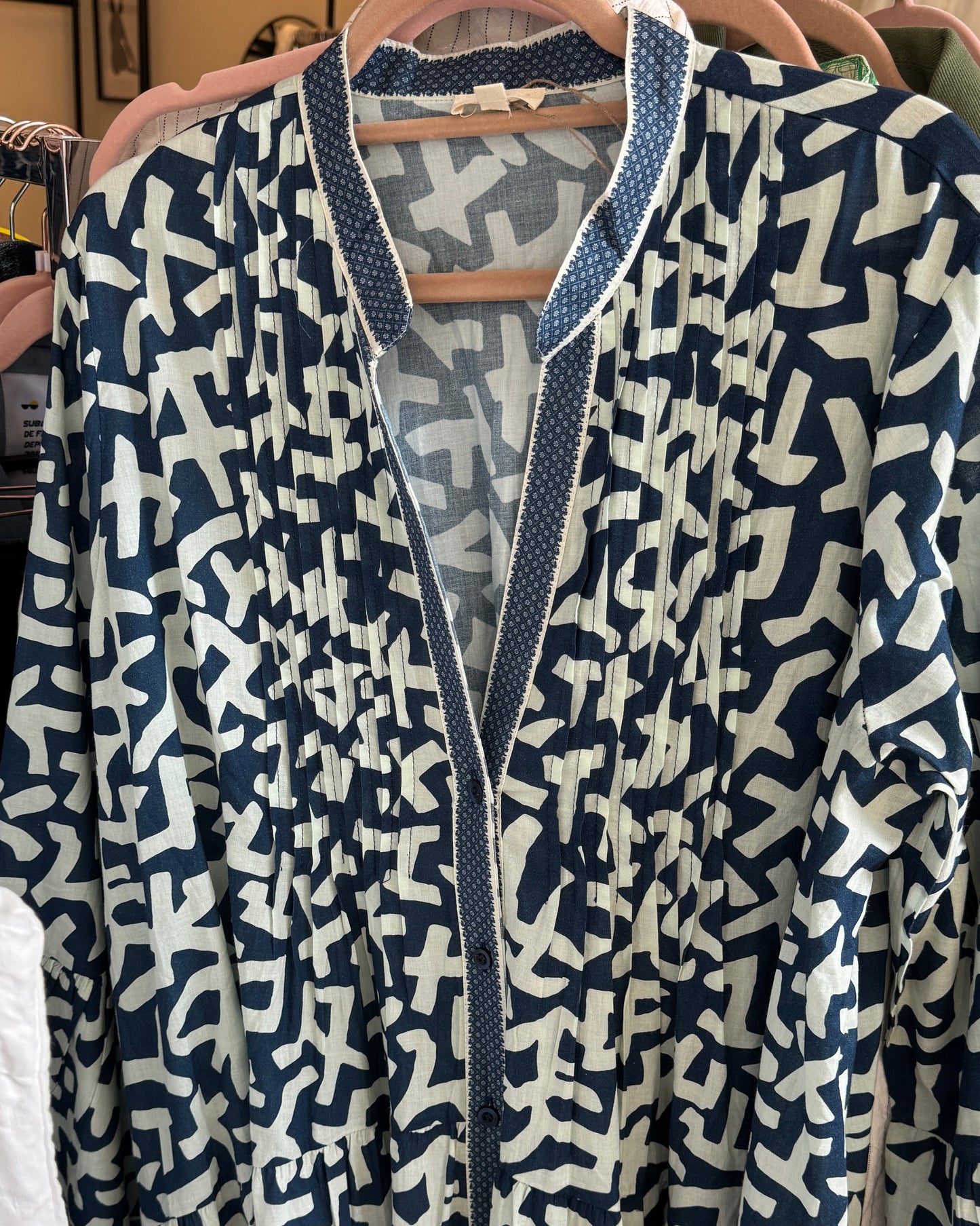 Robe longue à coupe ample imprimé Graphique marine et blanc col Tunisien TU ZOOM
