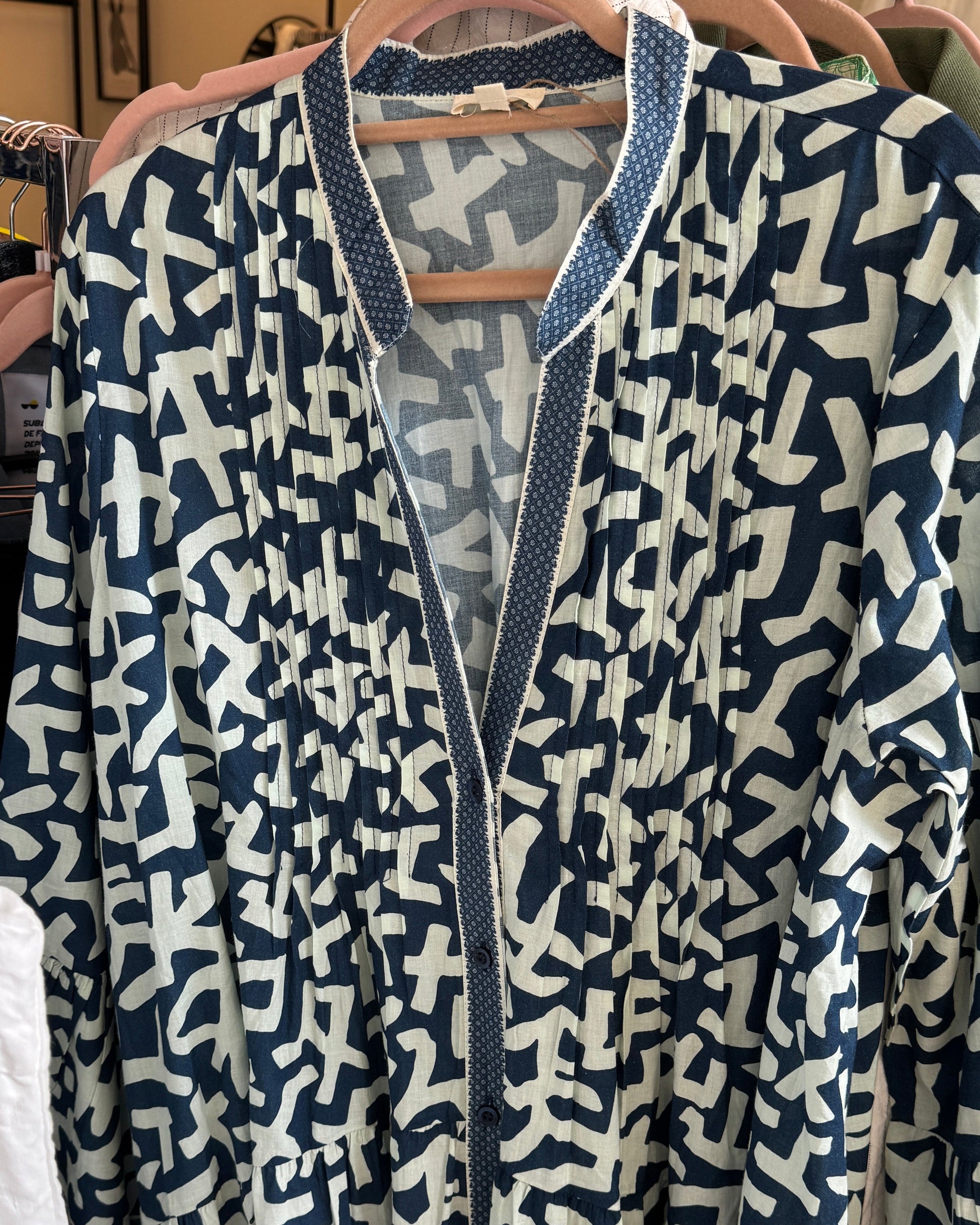 Robe longue à coupe ample imprimé Graphique marine et blanc col Tunisien TU ZOOM