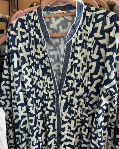 Robe longue à coupe ample imprimé Graphique marine et blanc col Tunisien TU ZOOM