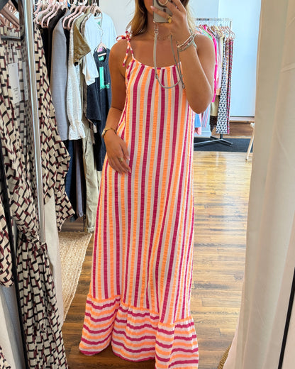 Robe longue à fines bretelles nouées gaze de coton blanc rayures rose orange TU