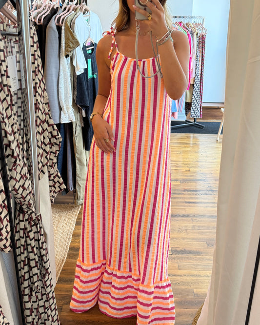 Robe longue à fines bretelles nouées gaze de coton blanc rayures rose orange TU