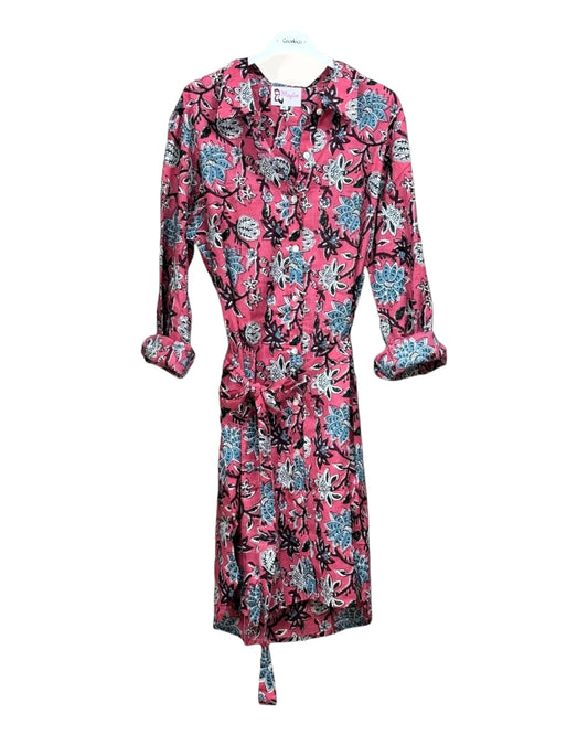 Robe chemise coton rose motifs floraux