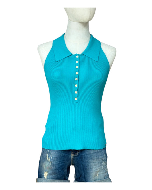 Top maille côtelée turquoise sans manche avec col chemise