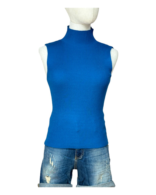 Top sans manche col montant en maille bleu royal