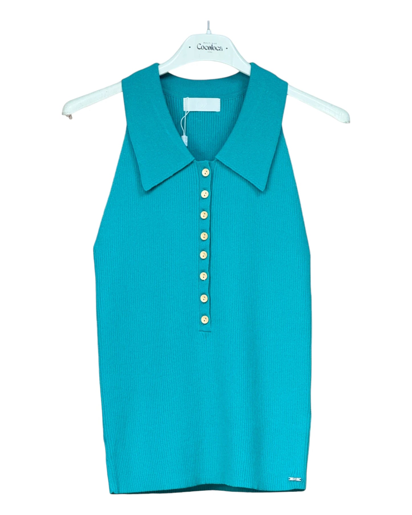 Top maille côtelée turquoise sans manche avec col chemise