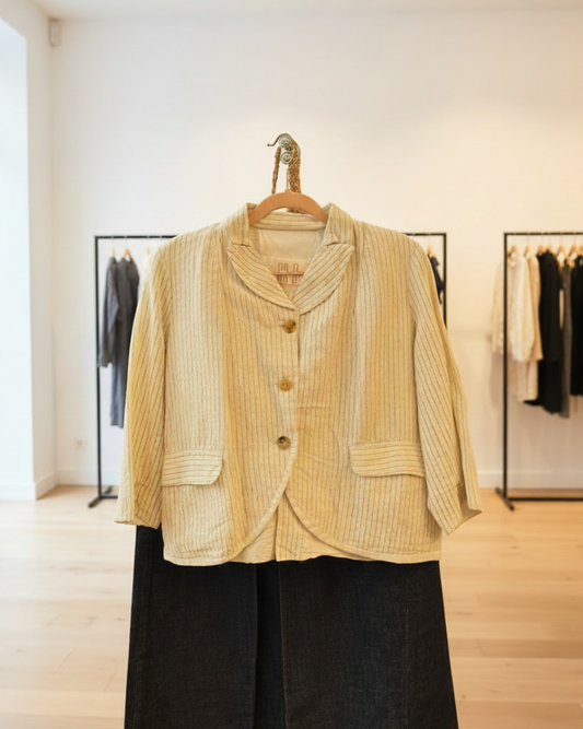 Veste courte HANNOH WESSEL Vilma 51% lin 49% coton beige naturel rayures marine T36