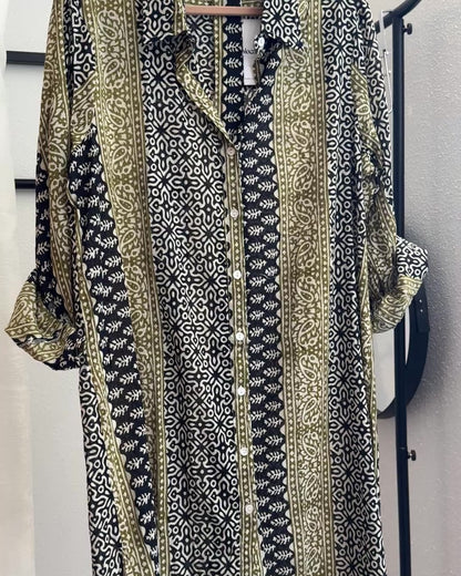 Robe chemise coton noire beige motifs ethniques